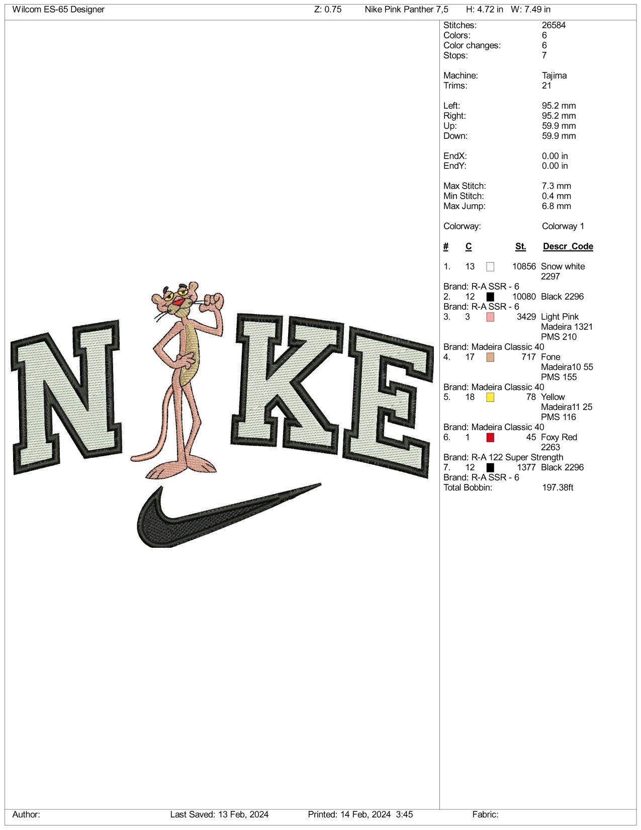 Nike Pink Panther v2 Embroidery Design Files - 3 Size's