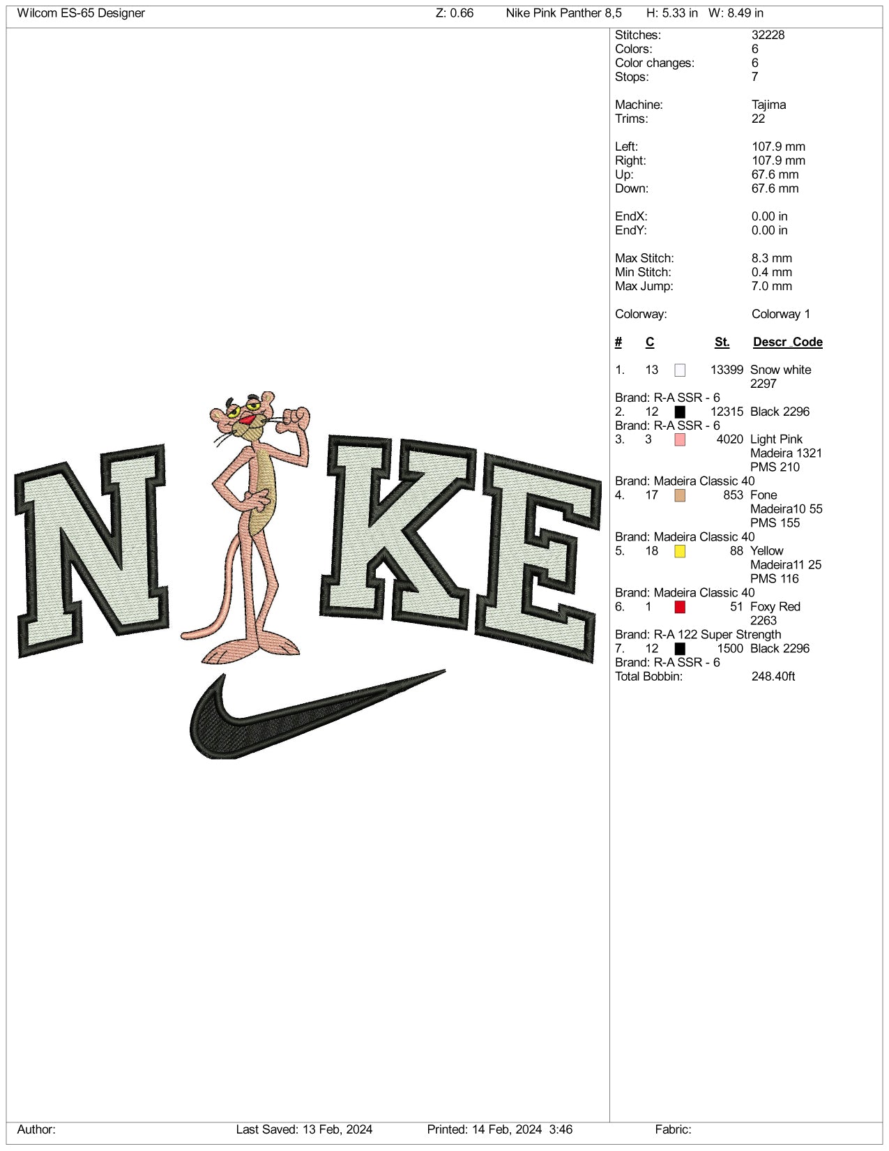 Nike Pink Panther v2 Embroidery Design Files - 3 Size's