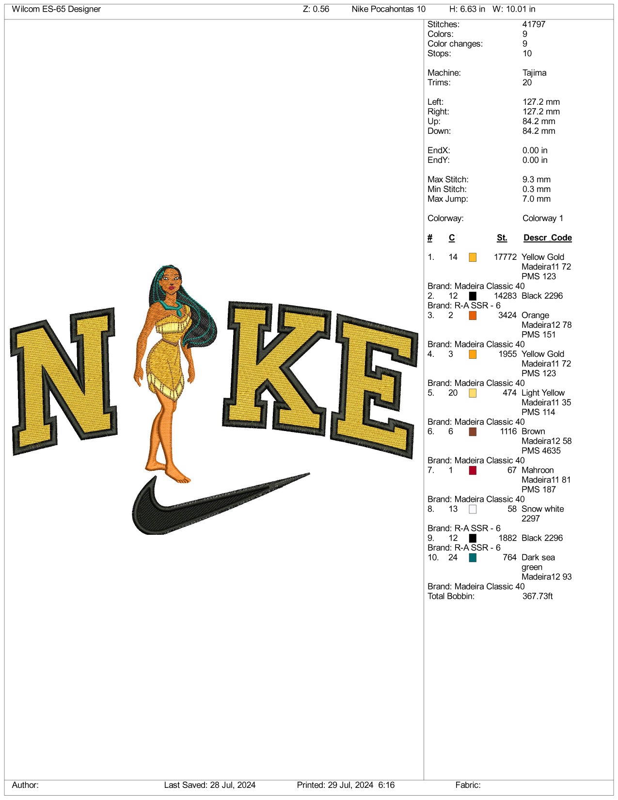 Nike Pocahontas Embroidery Design Files - 3 Size's