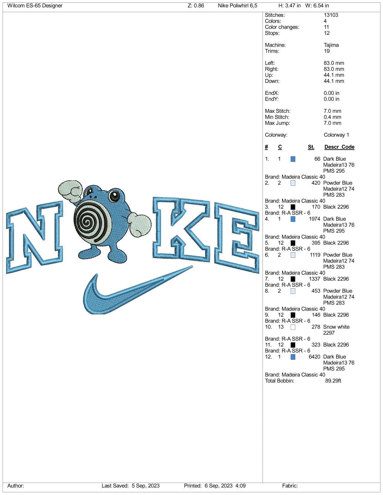 Nike Poliwhirl Embroidery Design Files - 3 Size's