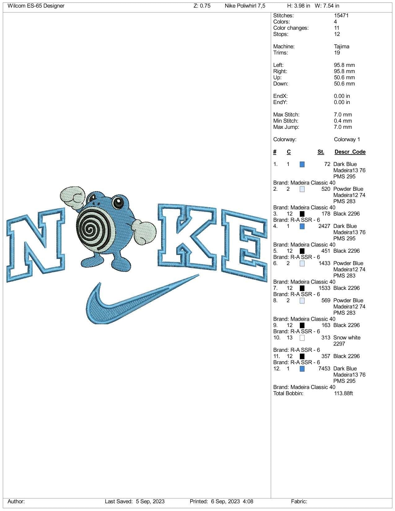 Nike Poliwhirl Embroidery Design Files - 3 Size's