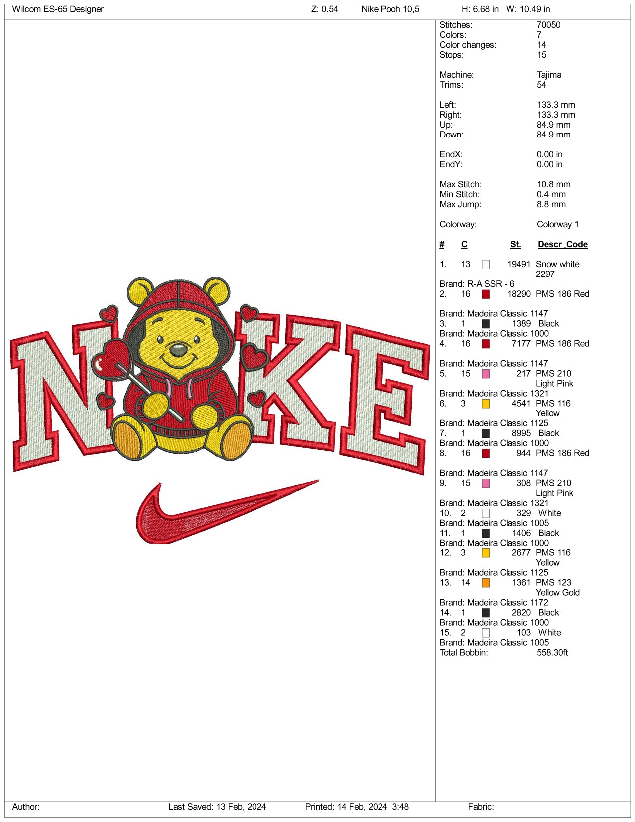 Nike Pooh Love Embroidery Design Files - 3 Size's