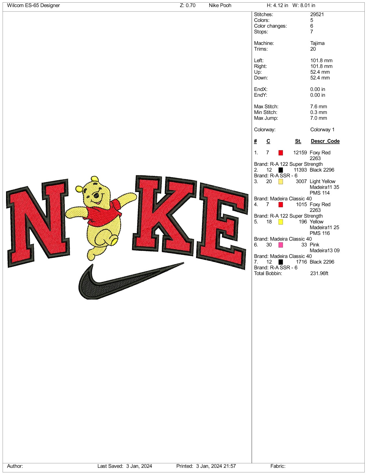 Nike Pooh v2 Embroidery Design Files - 3 Size's