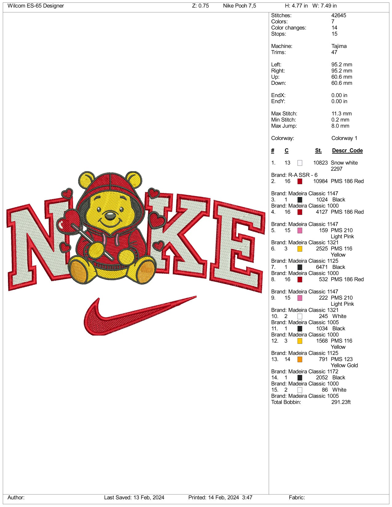 Nike Pooh Love Embroidery Design Files - 3 Size's