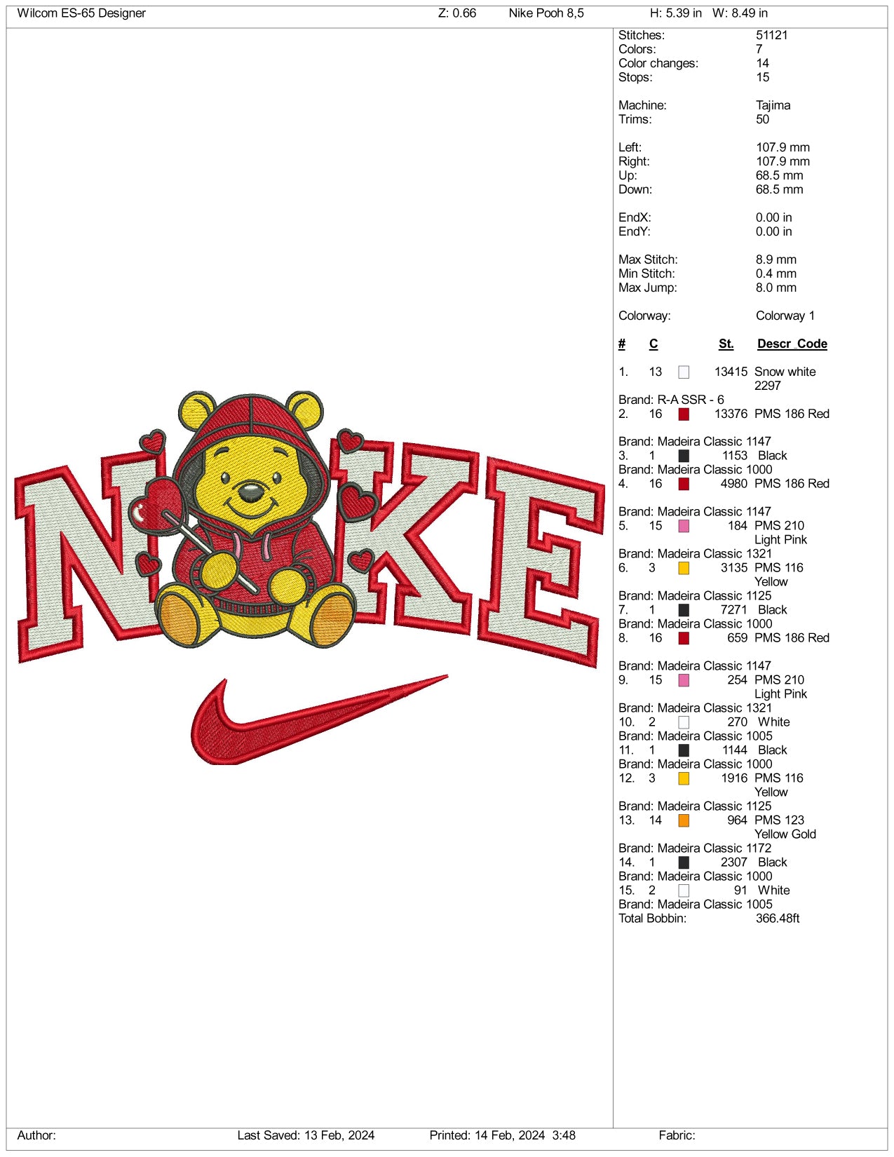 Nike Pooh Love Embroidery Design Files - 3 Size's