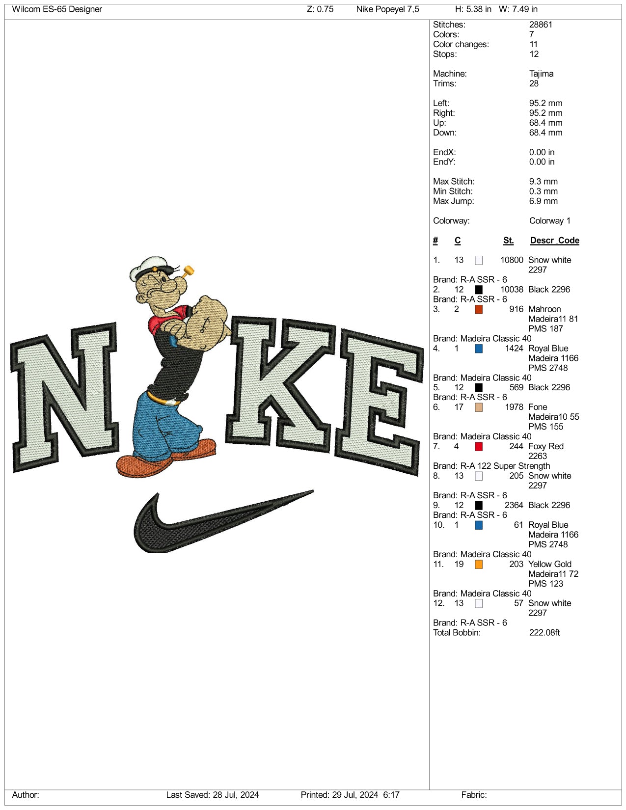 Nike Popeye Embroidery Design Files - 3 Size's