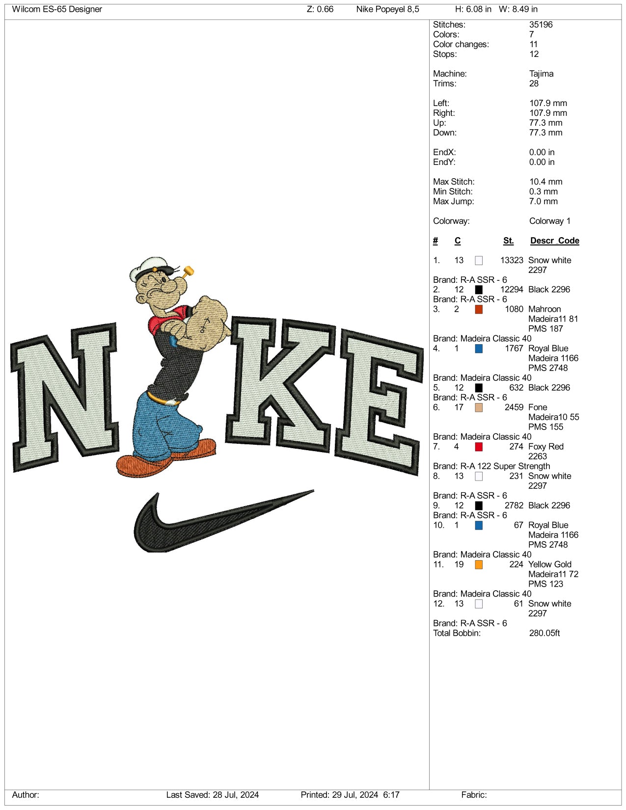 Nike Popeye Embroidery Design Files - 3 Size's