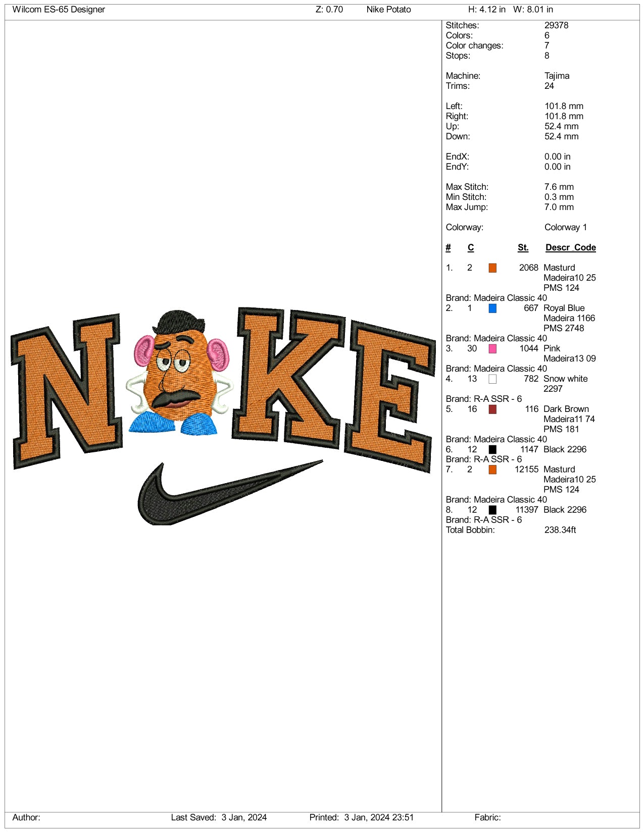 Nike Mr. Potato Embroidery Design Files - 3 Size's