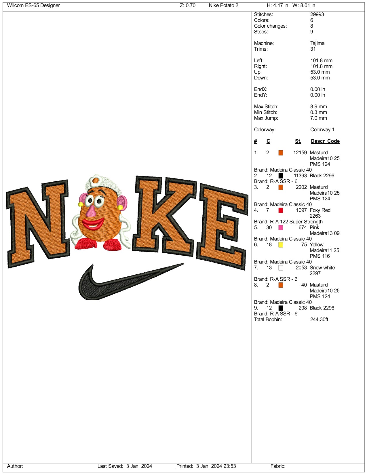 Nike Ms Potato Embroidery Design Files - 3 Size's