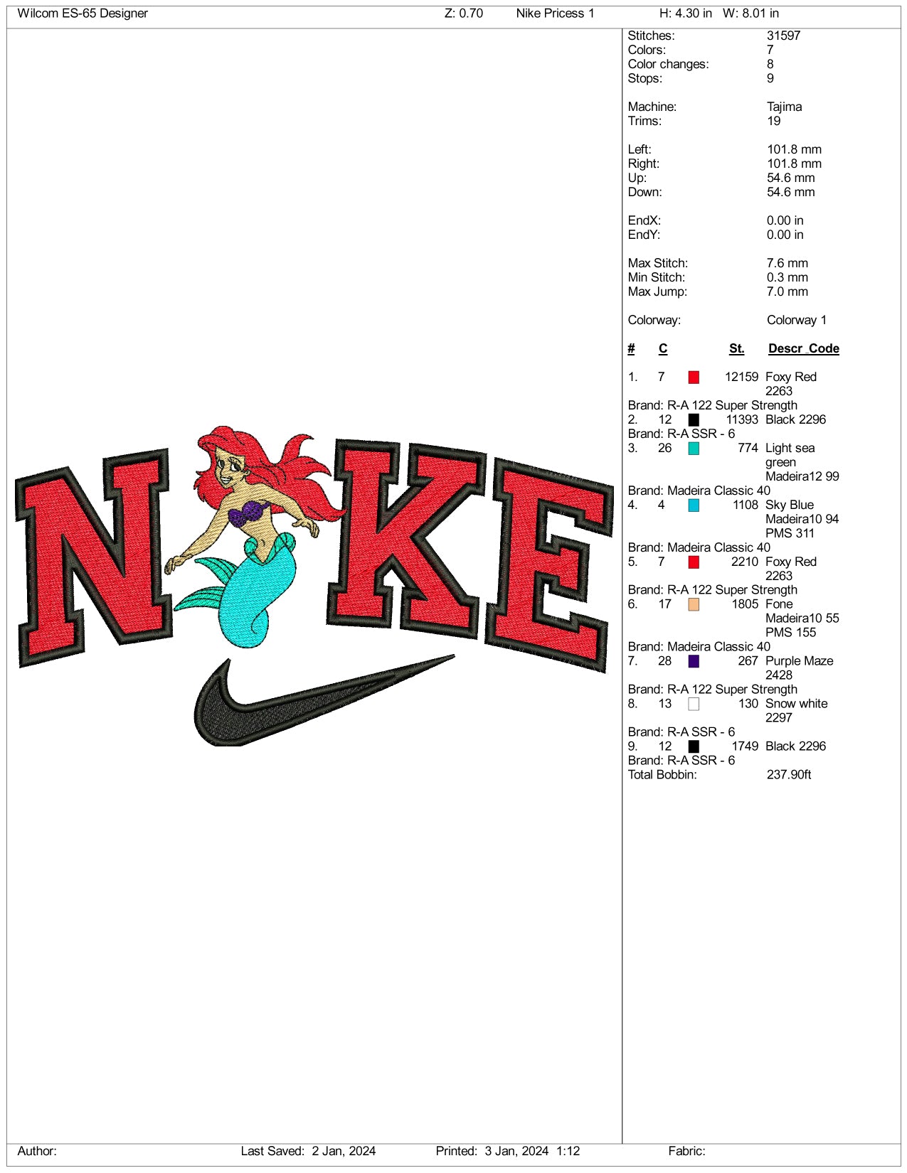 Nike Ariel Full Body Embroidery Design Files - 3 Size's