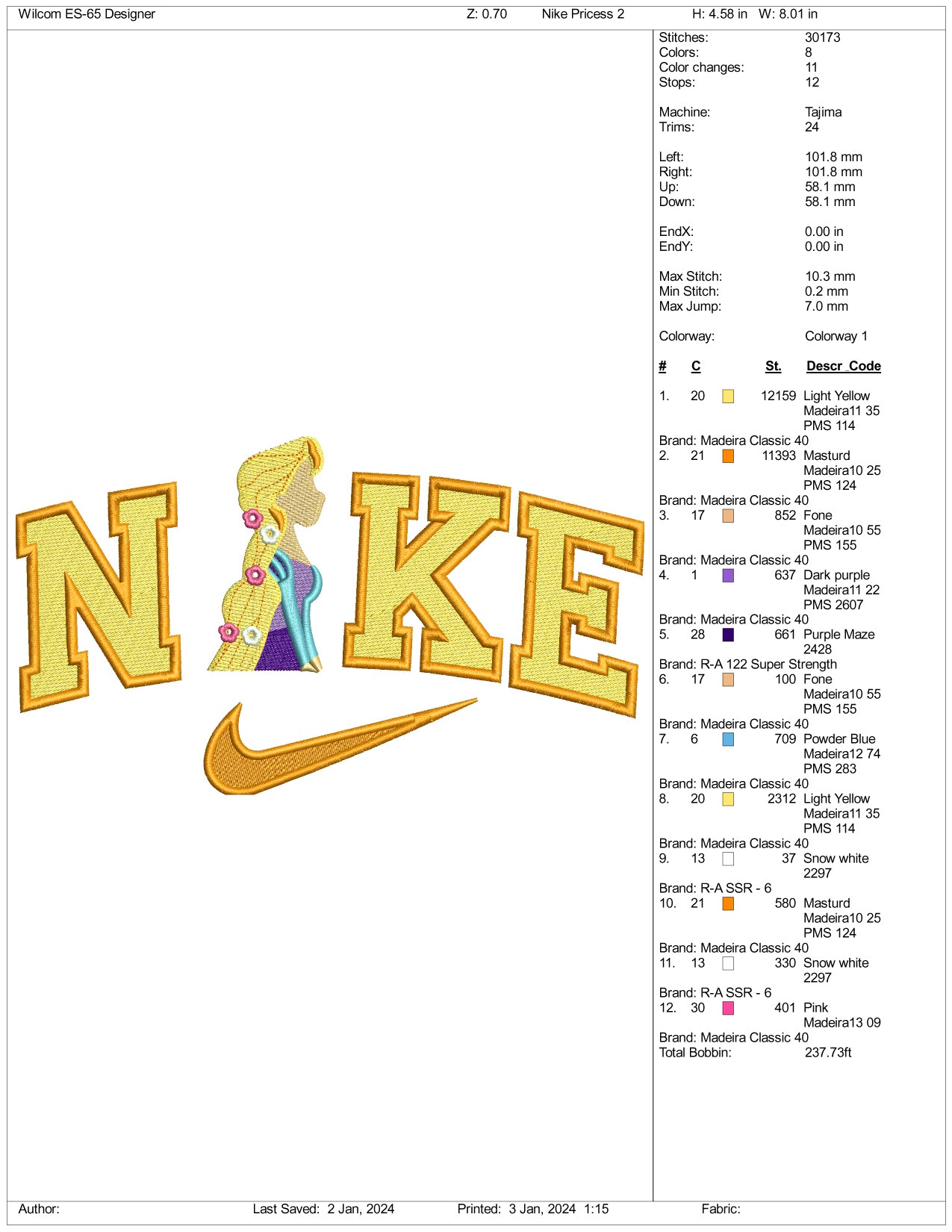 Nike Rapunzel Half Body  Embroidery Design Files - 3 Size's