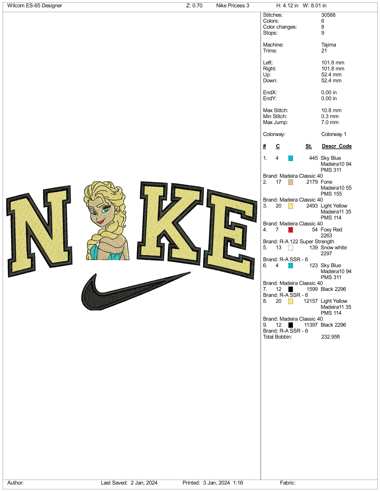 Nike Elsa Half Body Embroidery Design Files - 3 Size's