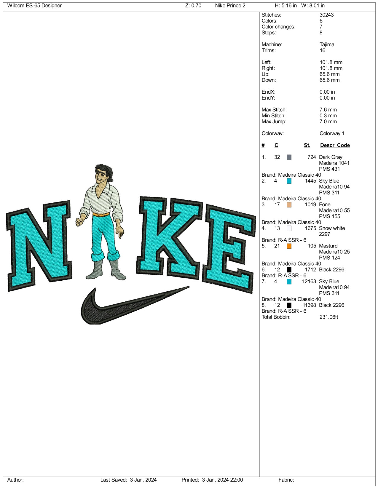 Nike Prince Eric Embroidery Design Files - 3 Size's