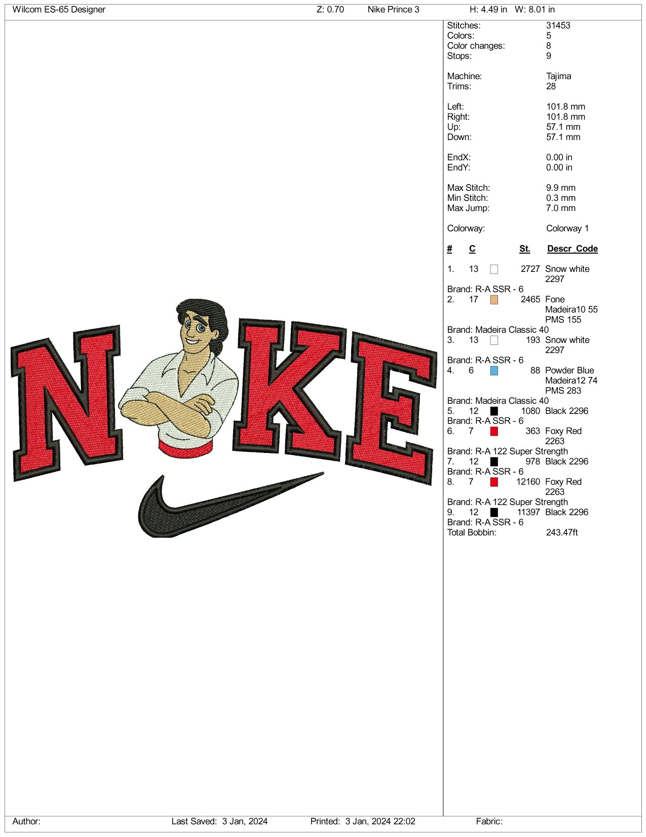 Nike Prince Eric Half Body Embroidery Design Files - 3 Size's