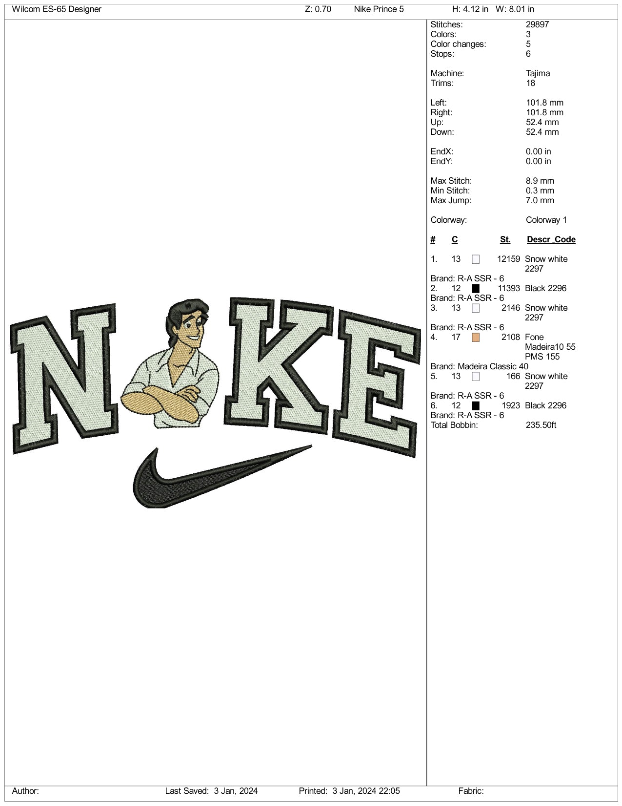 Nike Prince Eric Half Body v2 Embroidery Design Files - 3 Size's