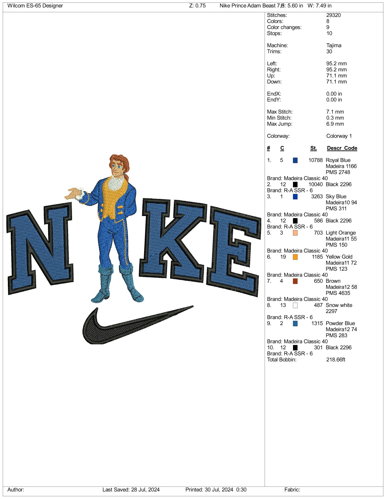 Nike Prince Adam Beast Embroidery Design Files - 3 Size's