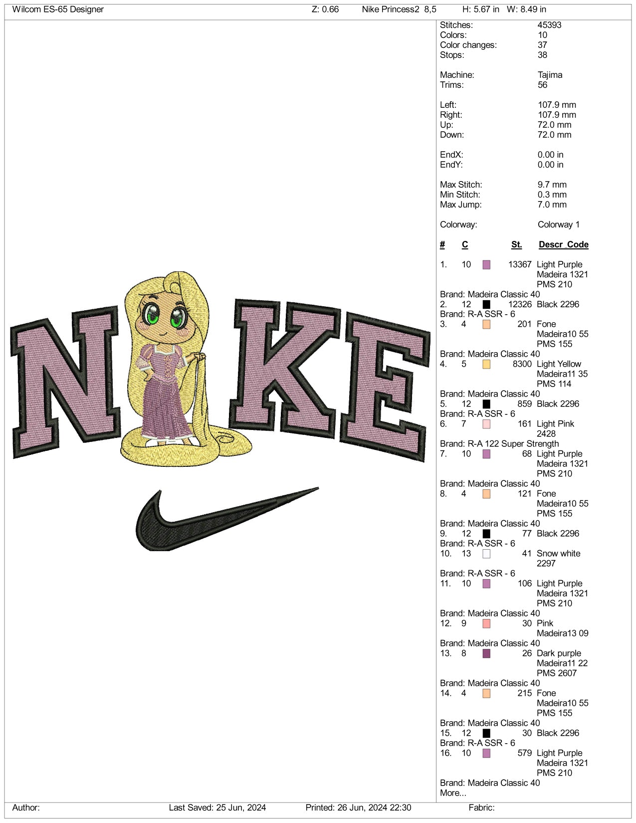 Nike Rapunzel v1 Embroidery Design Files - 3 Sizes