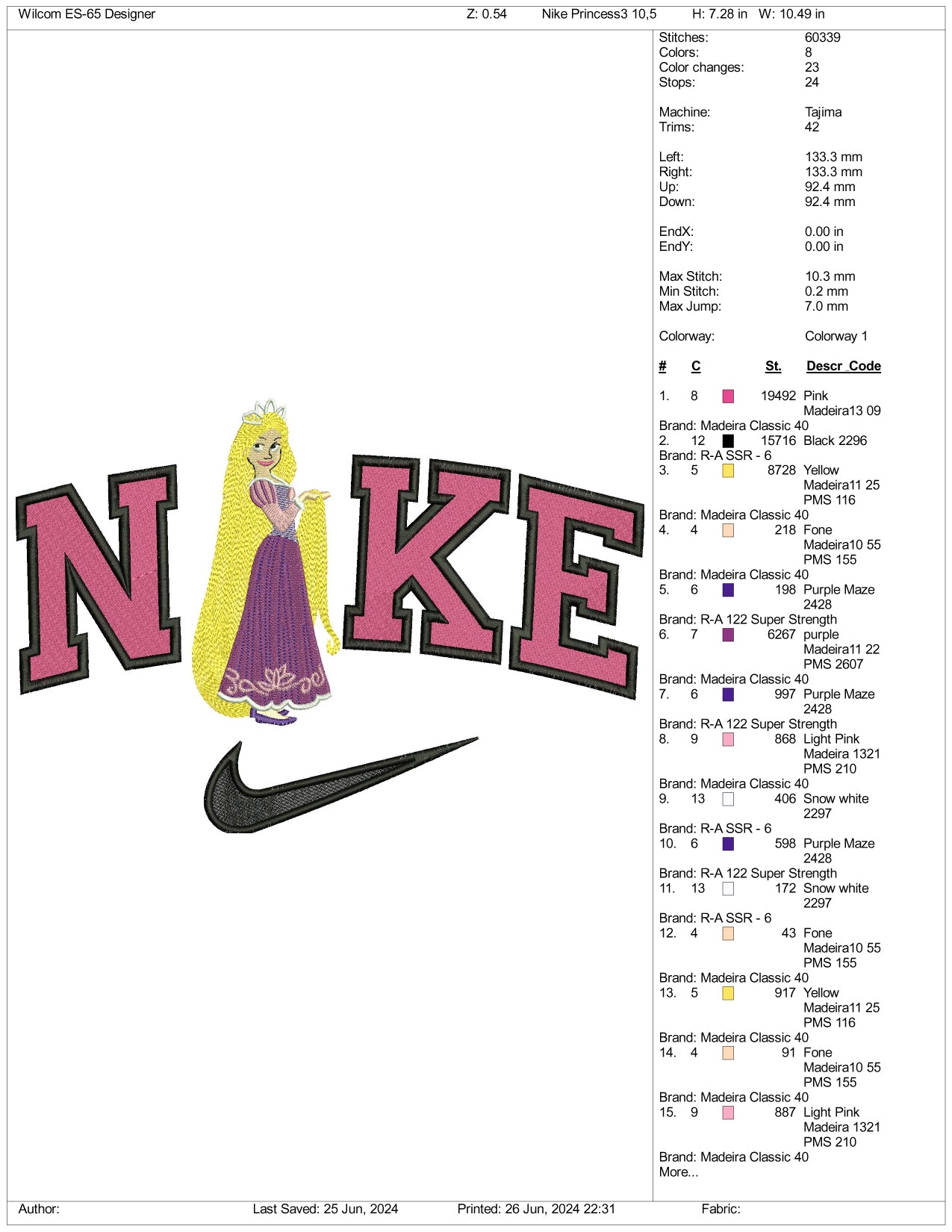 Nike Rapunzel v2 Embroidery Design Files - 3 Sizes