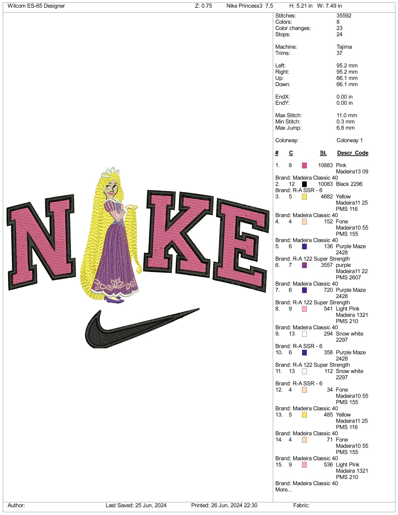 Nike Rapunzel v2 Embroidery Design Files - 3 Sizes