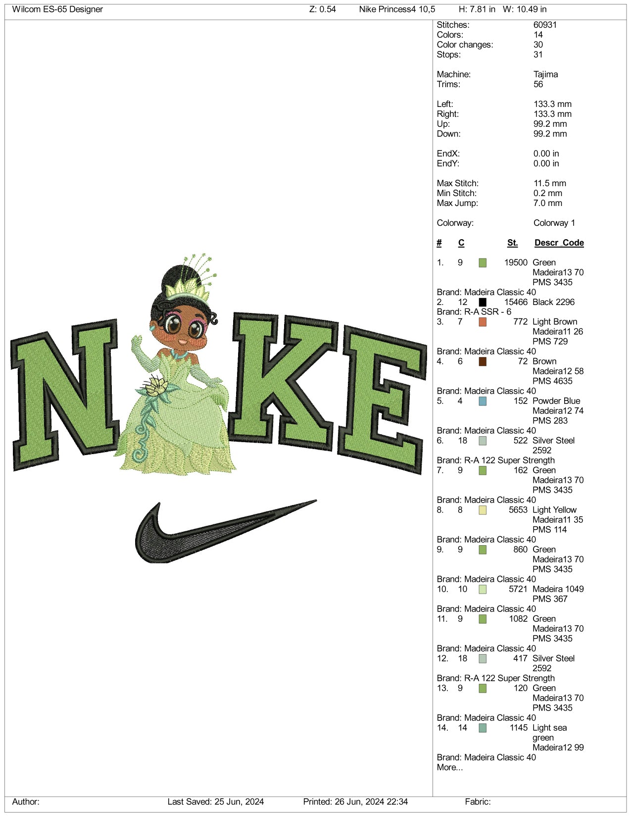 Nike Chibi Princess Tiana Embroidery Design Files - 3 Size's