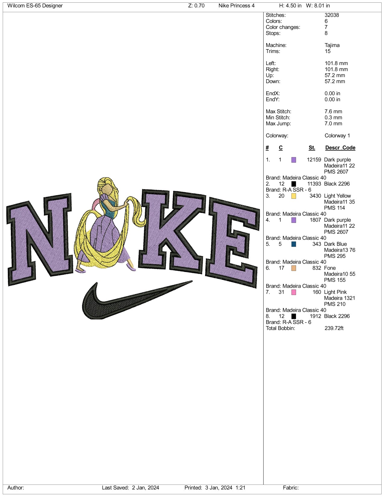 Nike Rapunzel Full Body Embroidery Design Files - 3 Size's