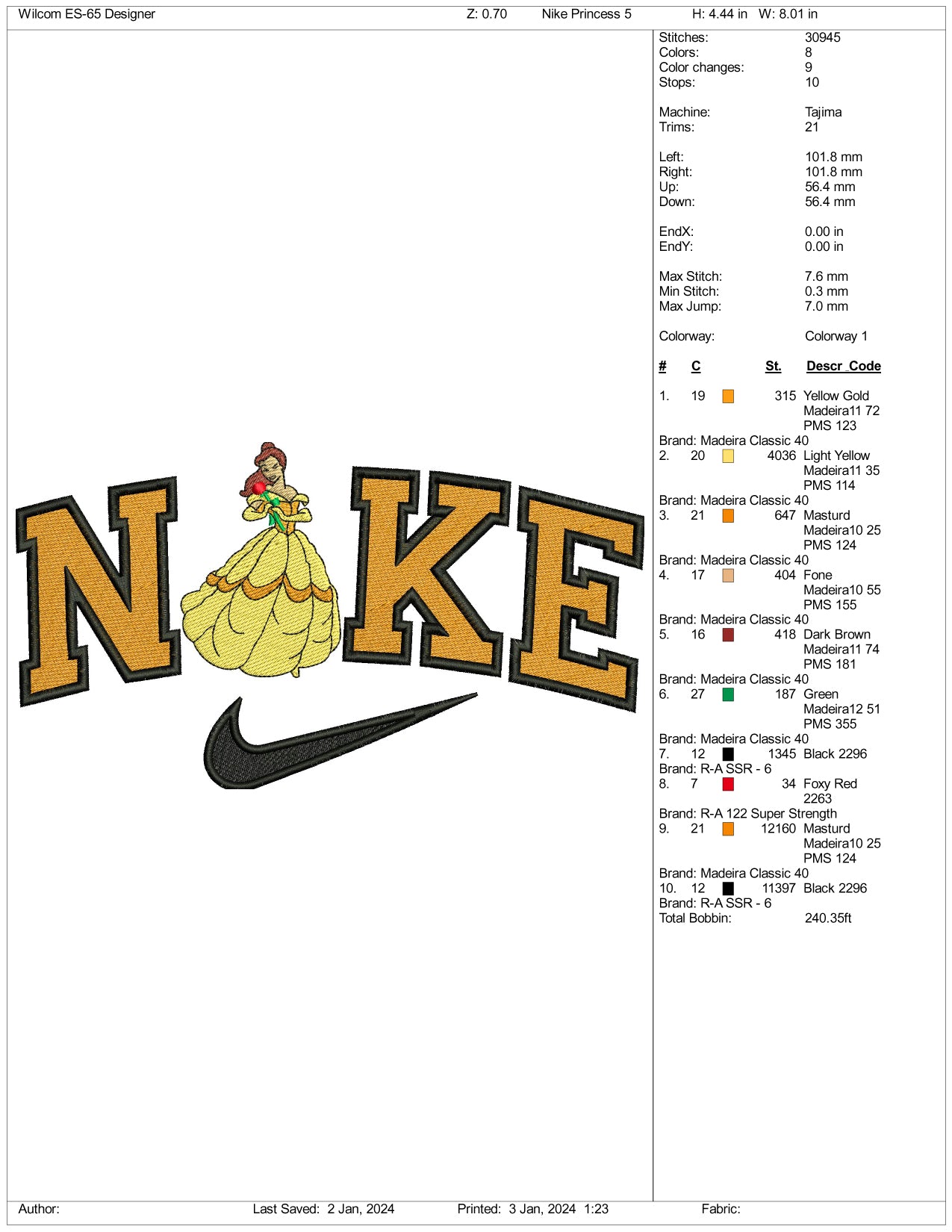 Nike Belle Full Body Embroidery Design Files - 3 Size's