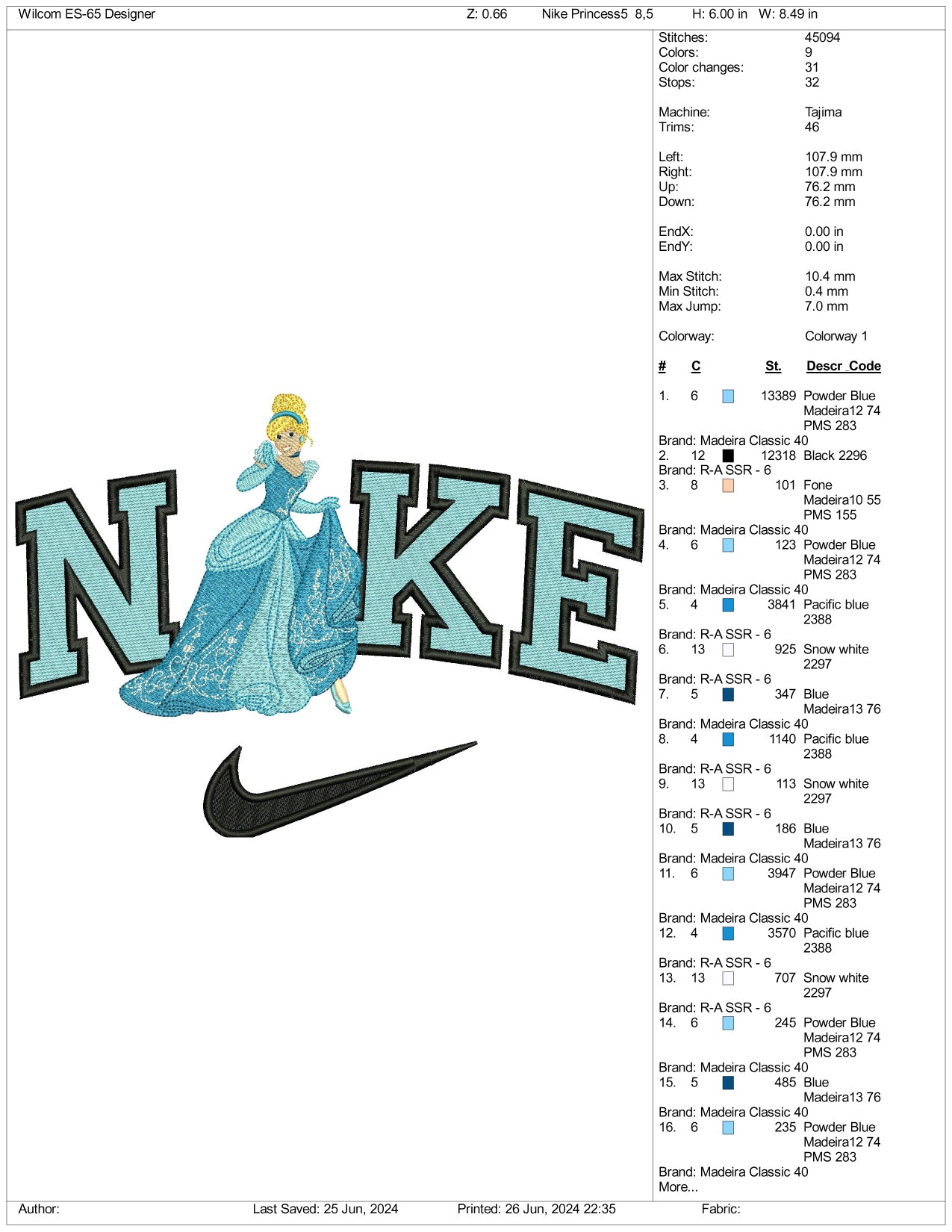 Nike Cinderella Embroidery Design Files - 3 Size's