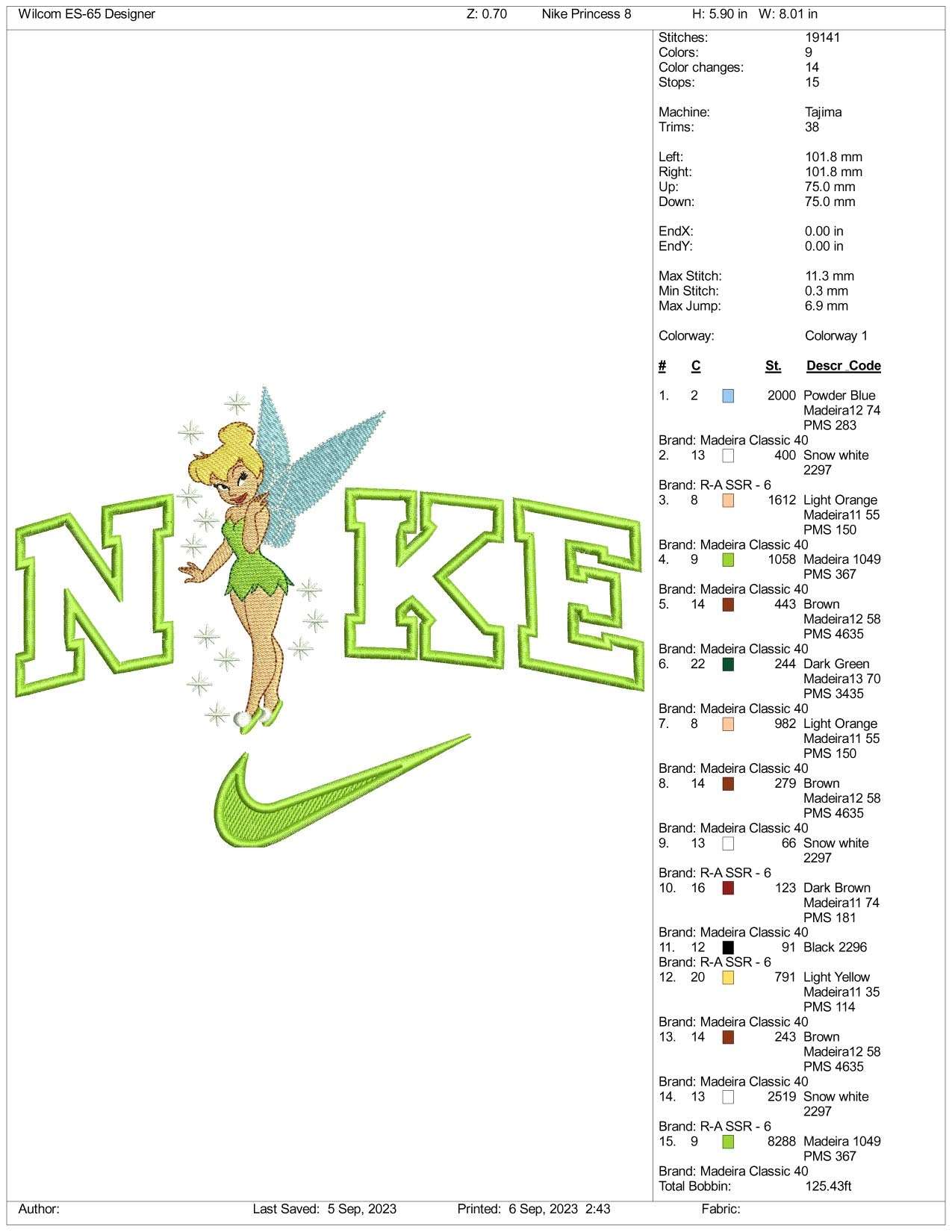 Nike Tinker Bell Embroidery Design Files - 3 Size's