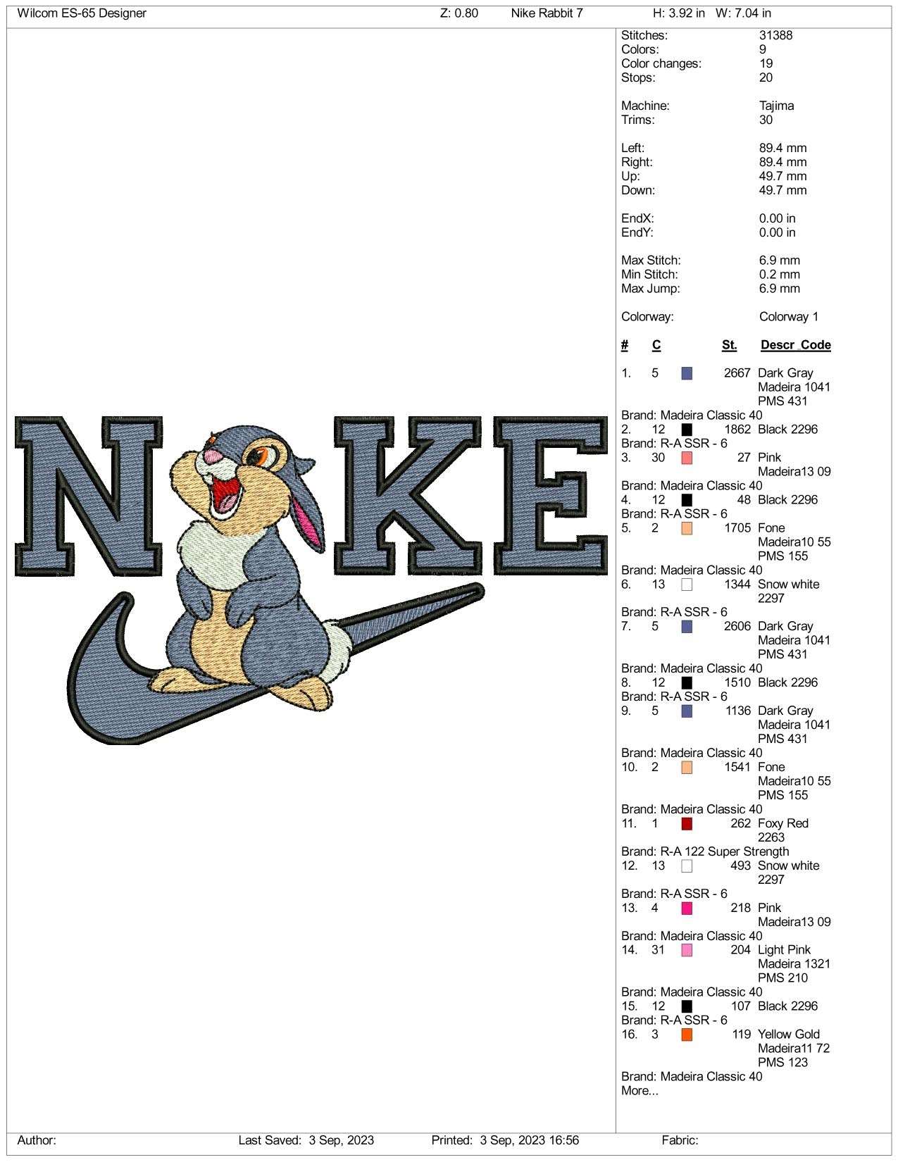 Nike Bambi Embroidery Design Files - 3 Size's