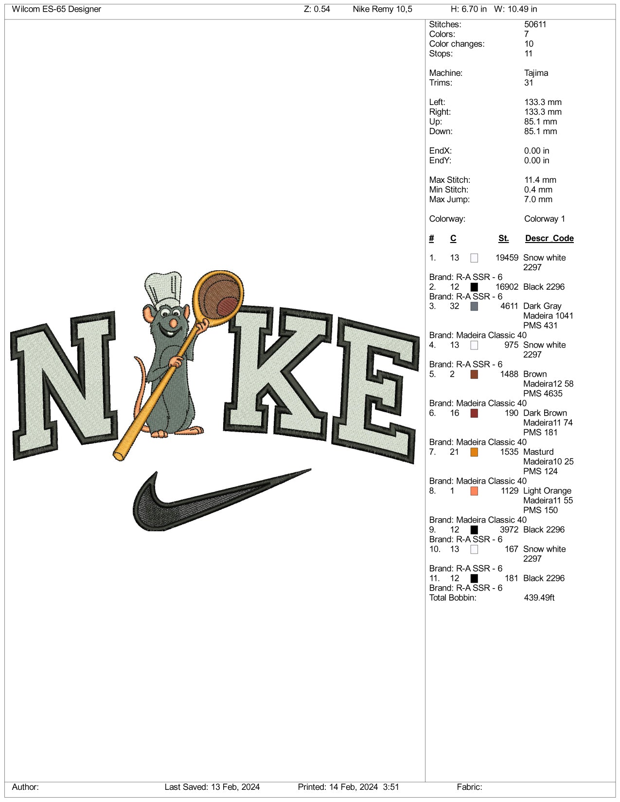 Nike Ratatouille Embroidery Design Files - 3 Size's