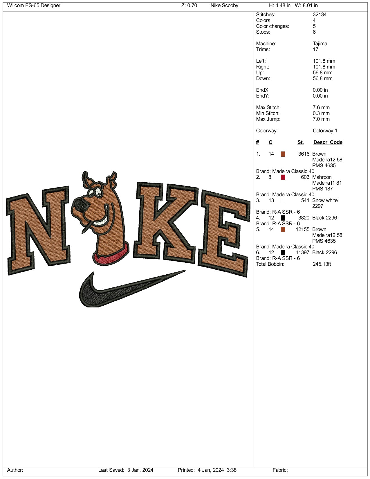 Nike Sooby Doo Embroidery Design Files - 3 Size's