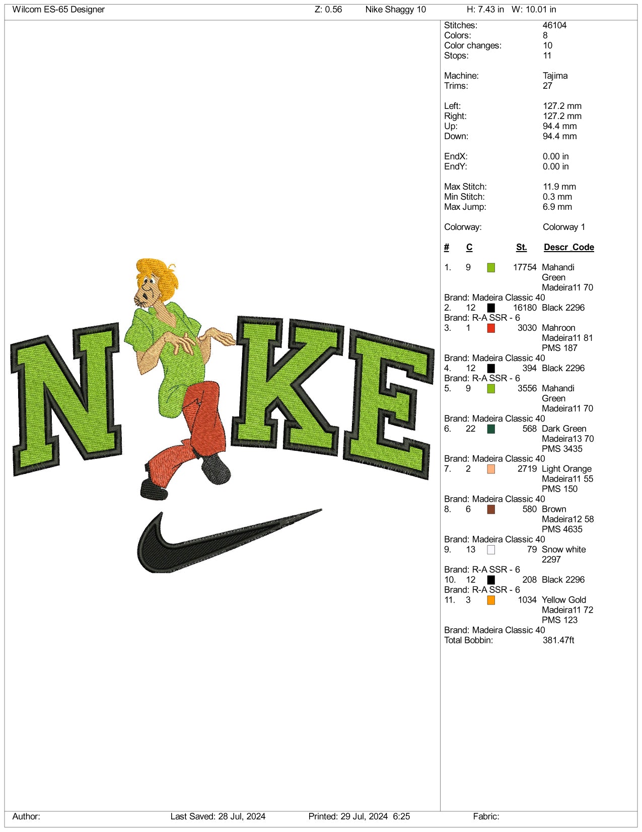 Nike Shaggy Rogers v2 Embroidery Design Files - 3 Size's