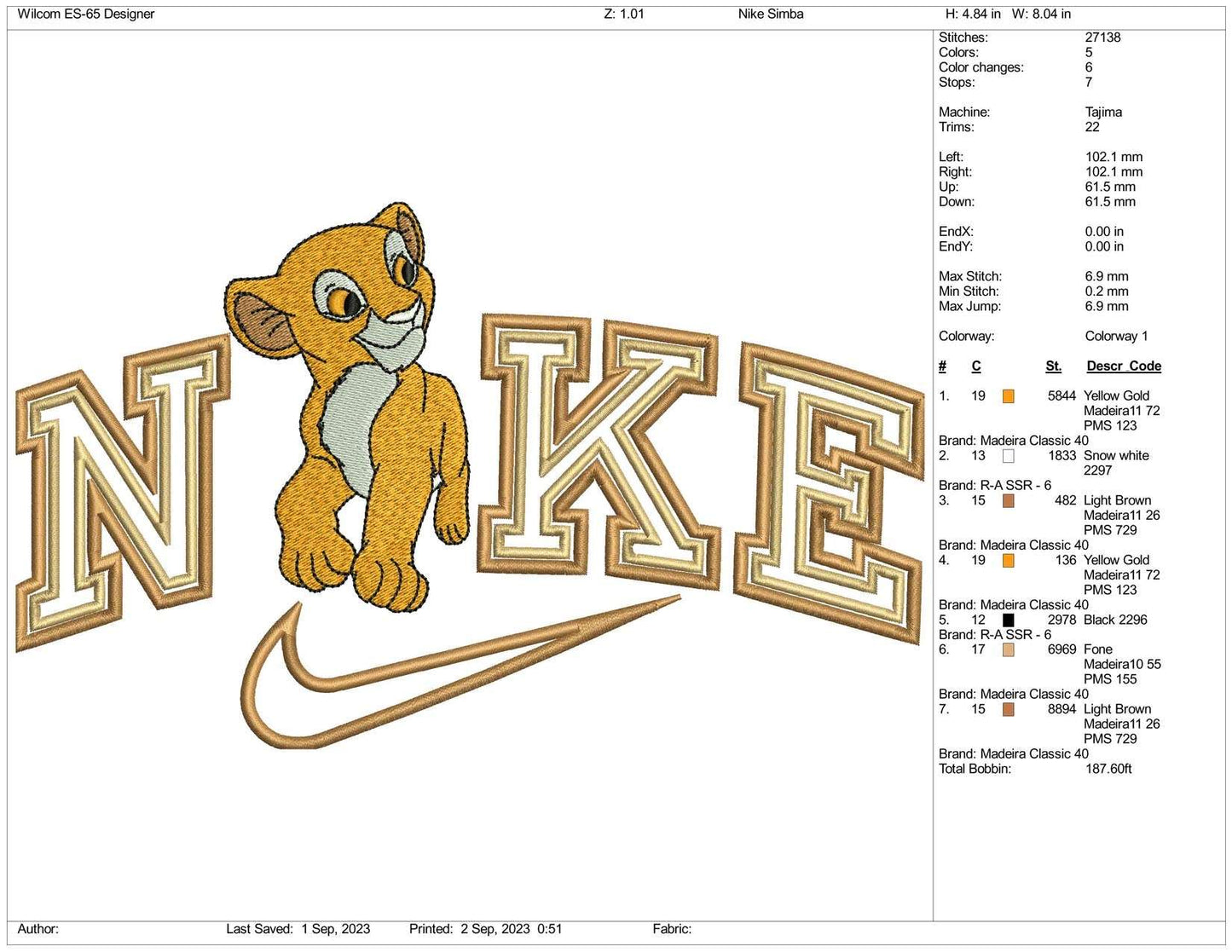 Simba Embroidery Design Files - 3 Size's