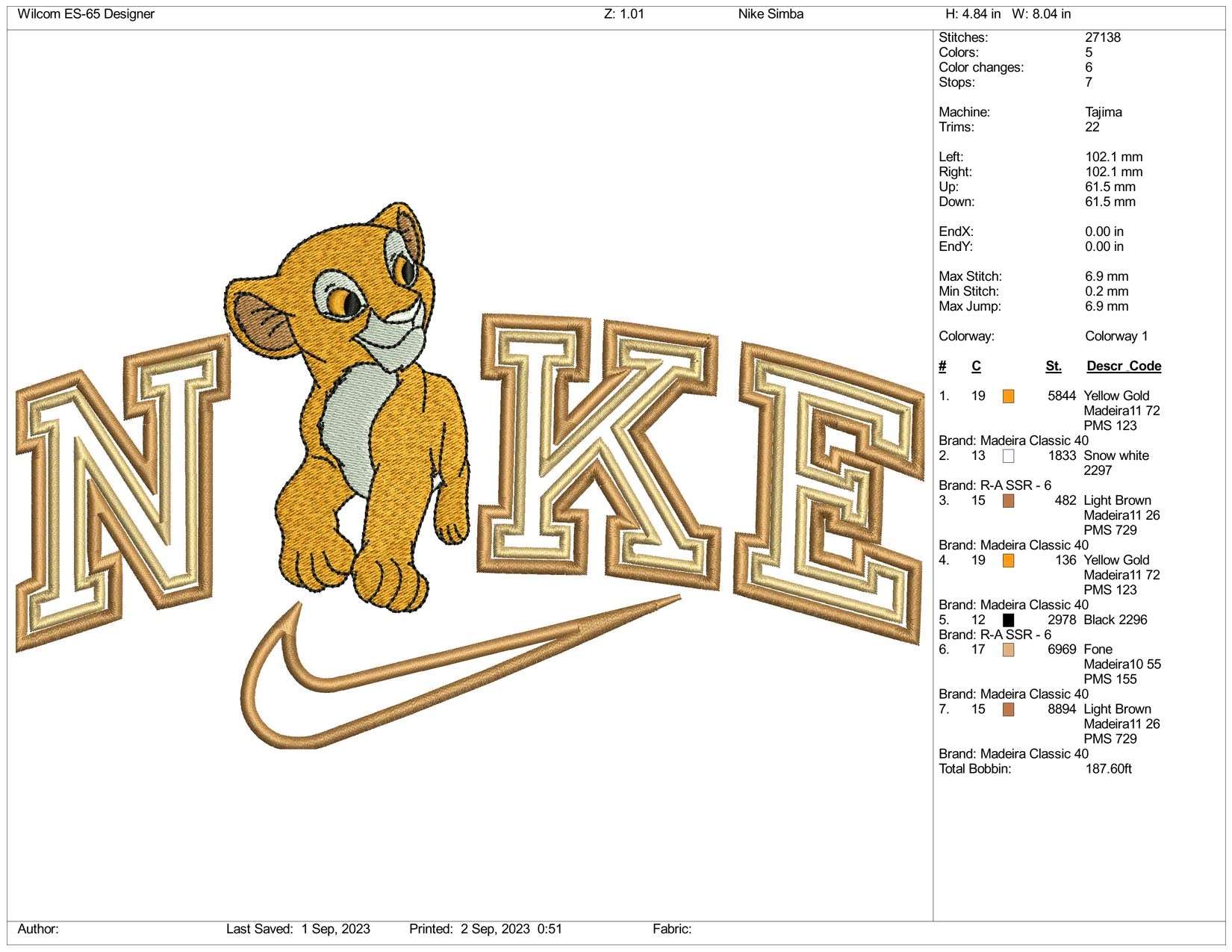 Simba Embroidery Design Files - 3 Size's