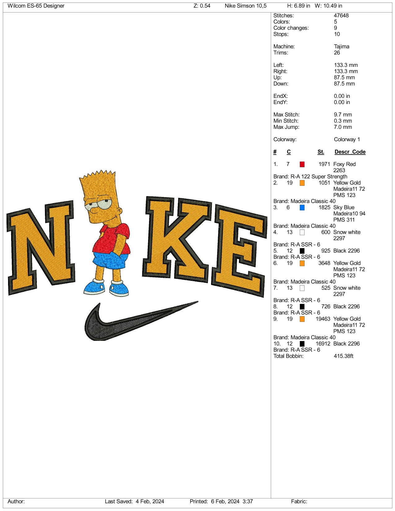 Nike Bart Embroidery Design Files - 3 Size's