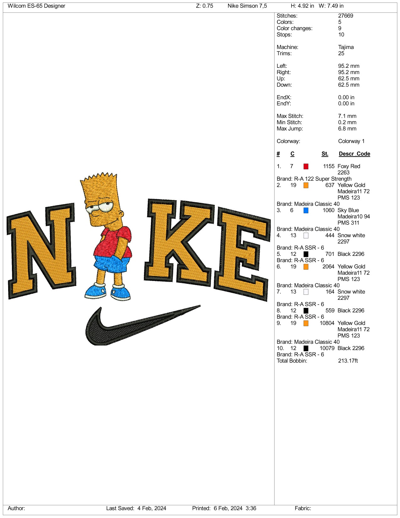 Nike Bart Embroidery Design Files - 3 Size's