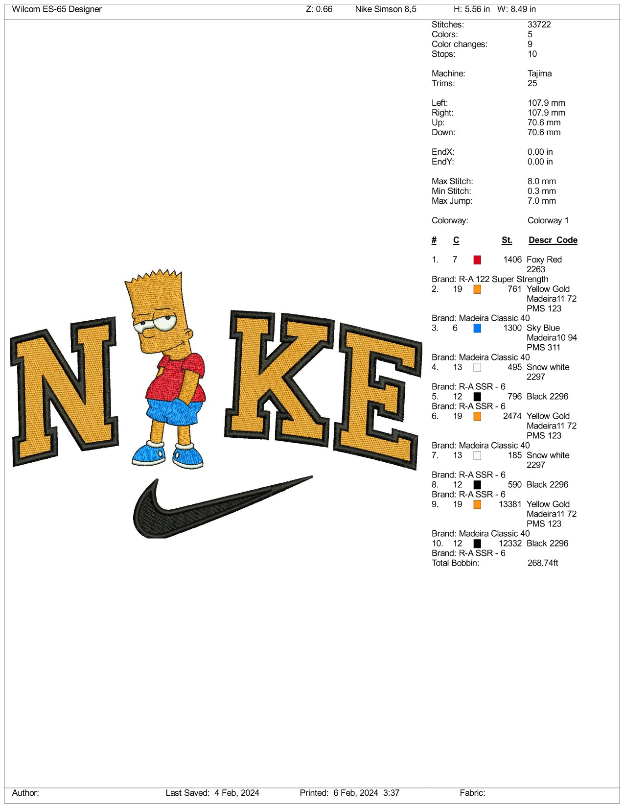 Nike Bart Embroidery Design Files - 3 Size's