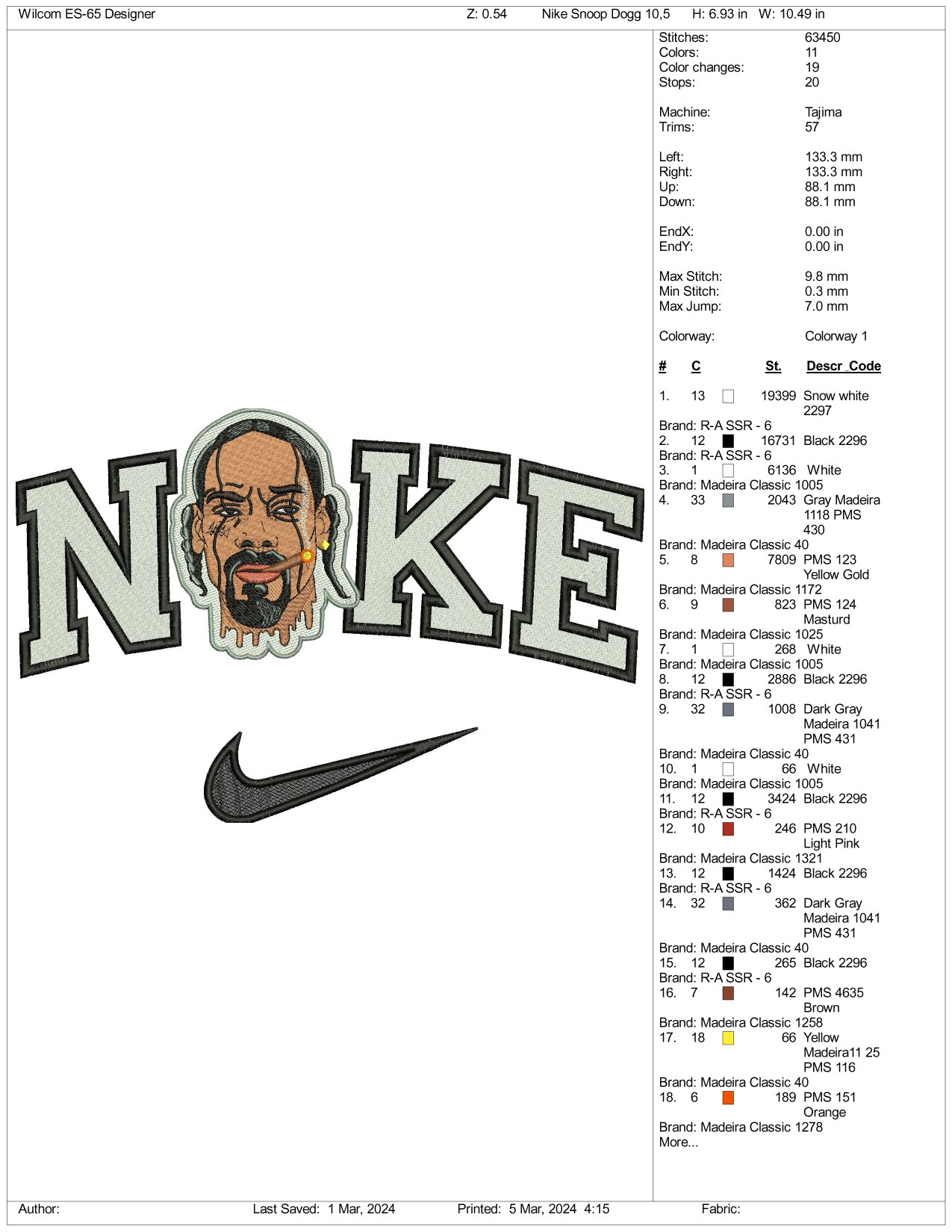 Nike Snoop Dogg Face Embroidery Design Files - 3 Size's