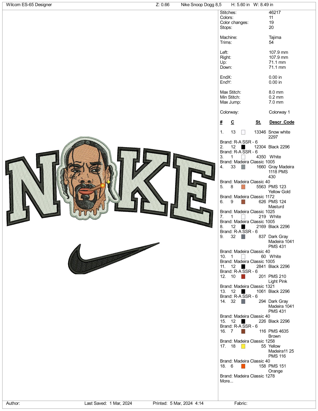 Nike Snoop Dogg Face Embroidery Design Files - 3 Size's