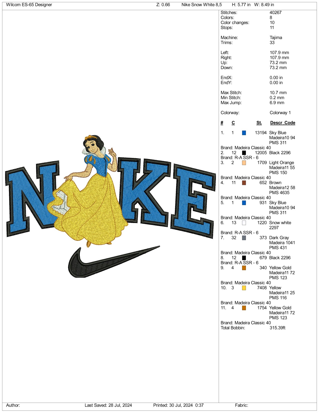 Nike Snow White Embroidery Design Files - 3 Size's