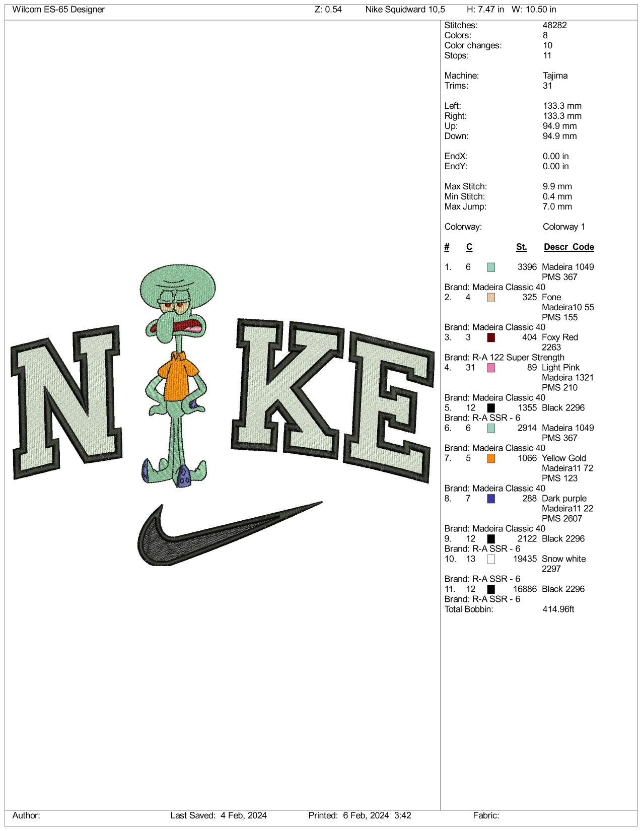 Nike Squidward Embroidery Design Files - 3 Size's