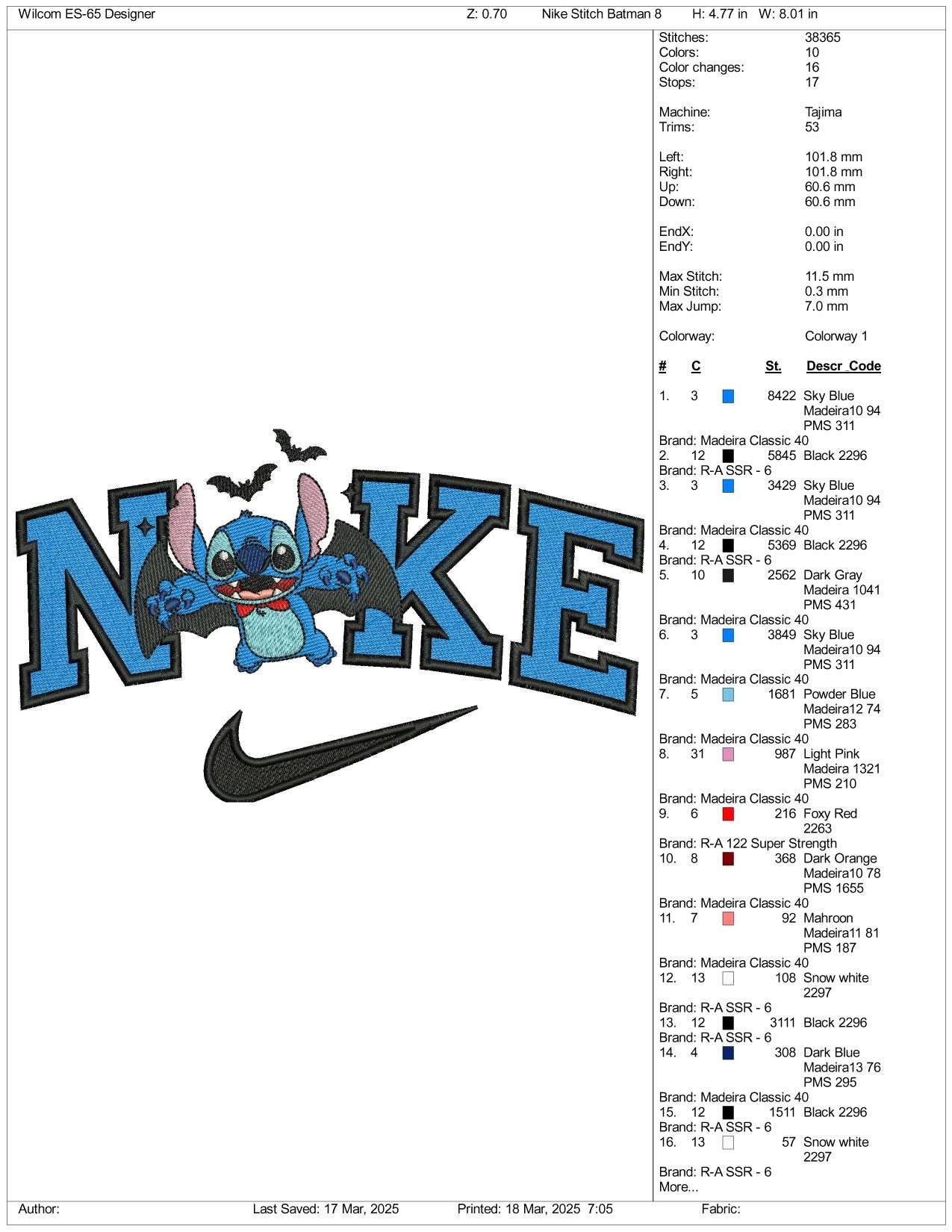 Nike Stitch Cosplay Vampire Embroidery Files - 3 Size's