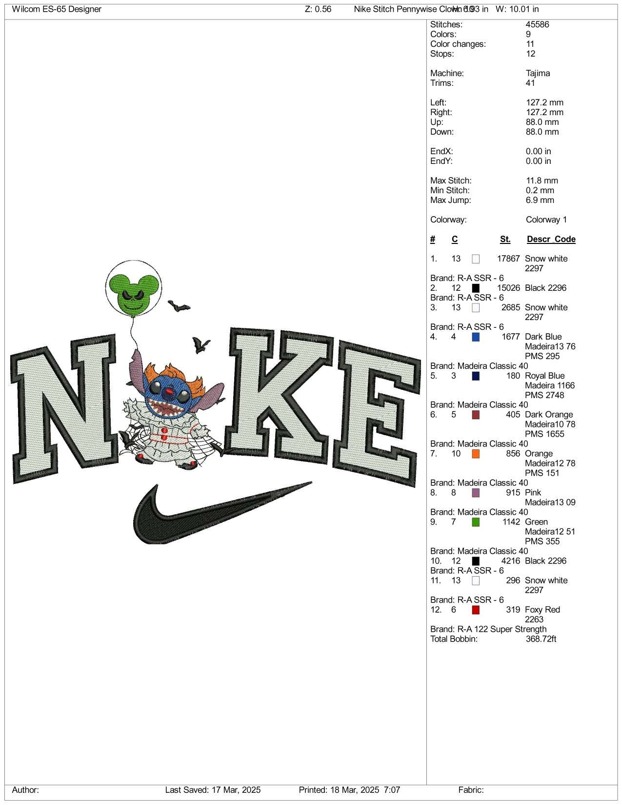 Nike Stitch Cosplay Pennywise Clown Embroidery Files - 3 Size's