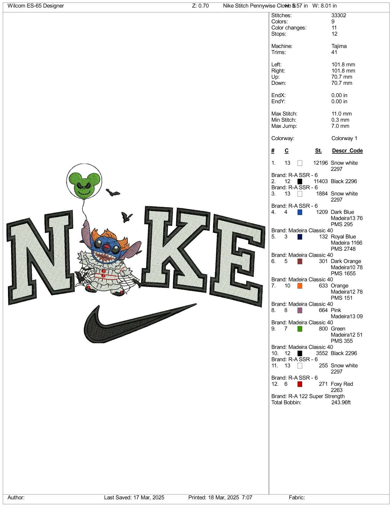 Nike Stitch Cosplay Pennywise Clown Embroidery Files - 3 Size's
