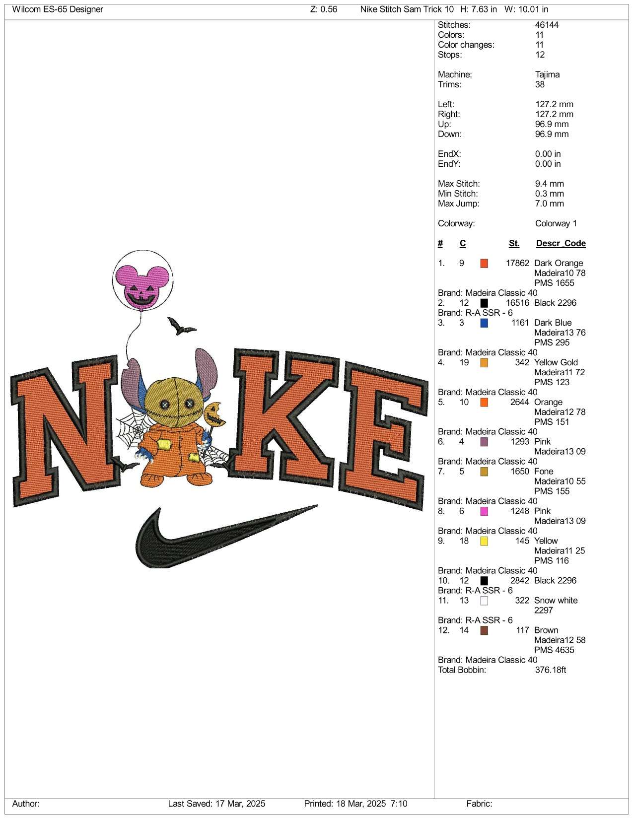 Nike Stitch Cosplay Sam Trick Embroidery Files - 3 Size's