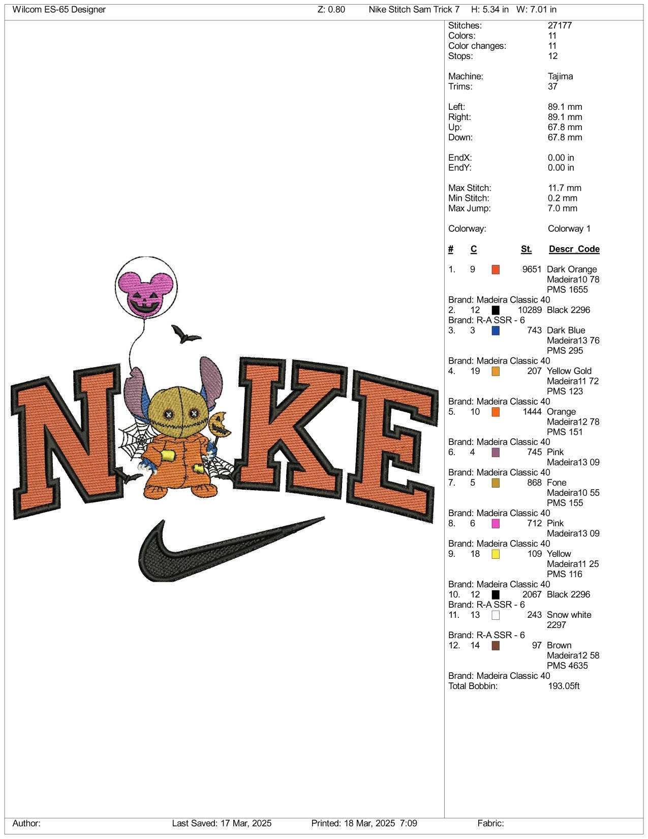 Nike Stitch Cosplay Sam Trick Embroidery Files - 3 Size's
