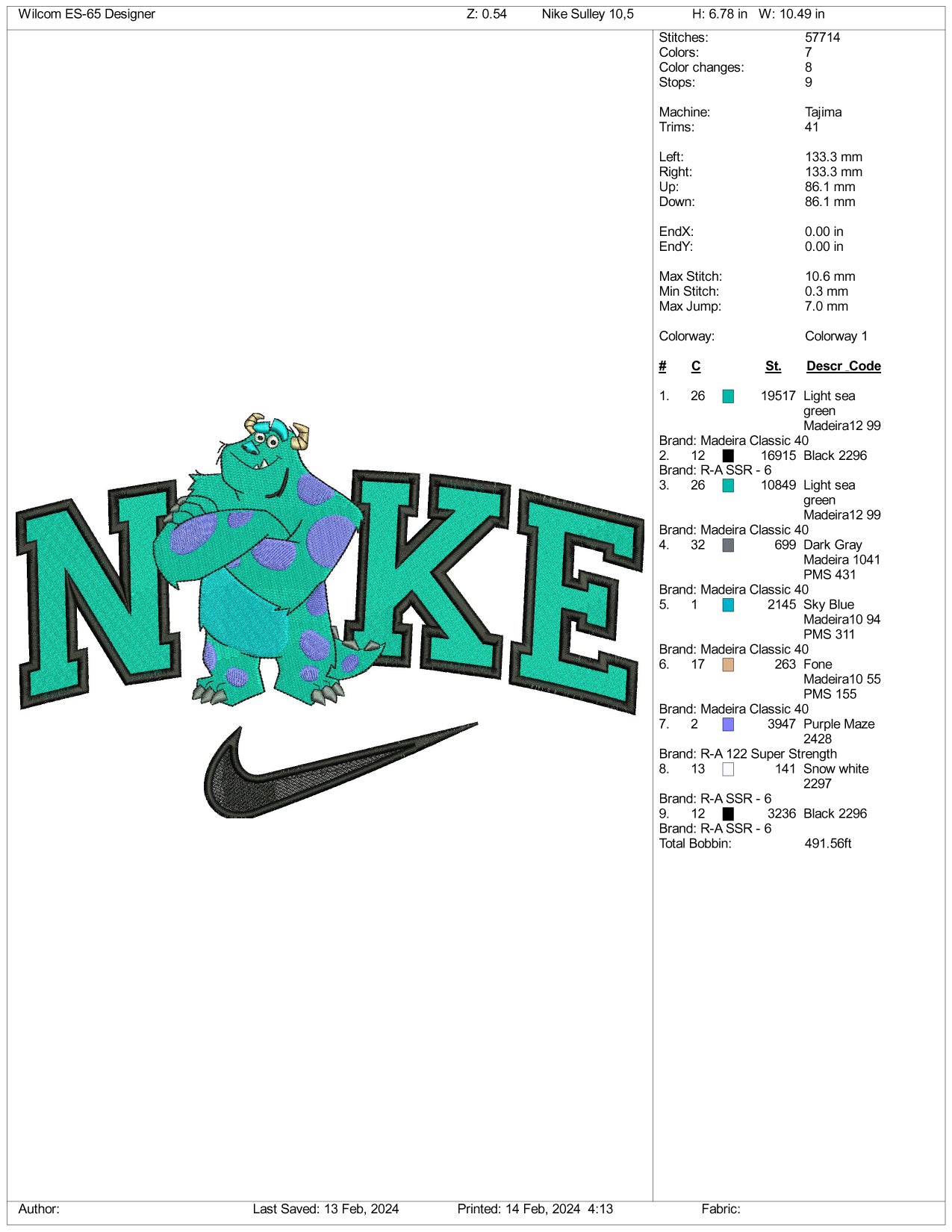 Nike Sulley Monster Embroidery Design Files - 3 Size's