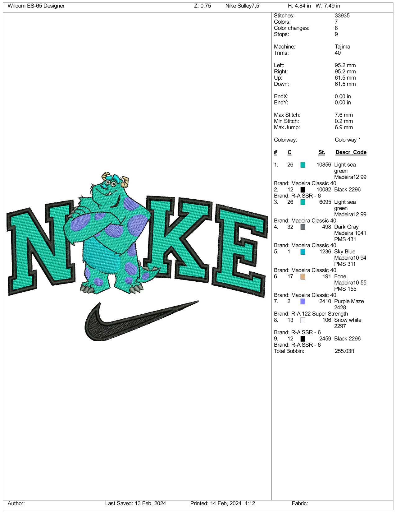 Nike Sulley Monster Embroidery Design Files - 3 Size's