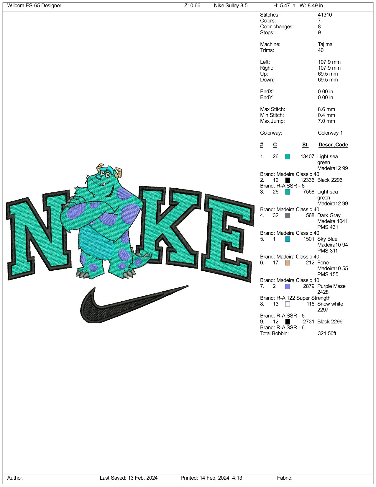 Nike Sulley Monster Embroidery Design Files - 3 Size's