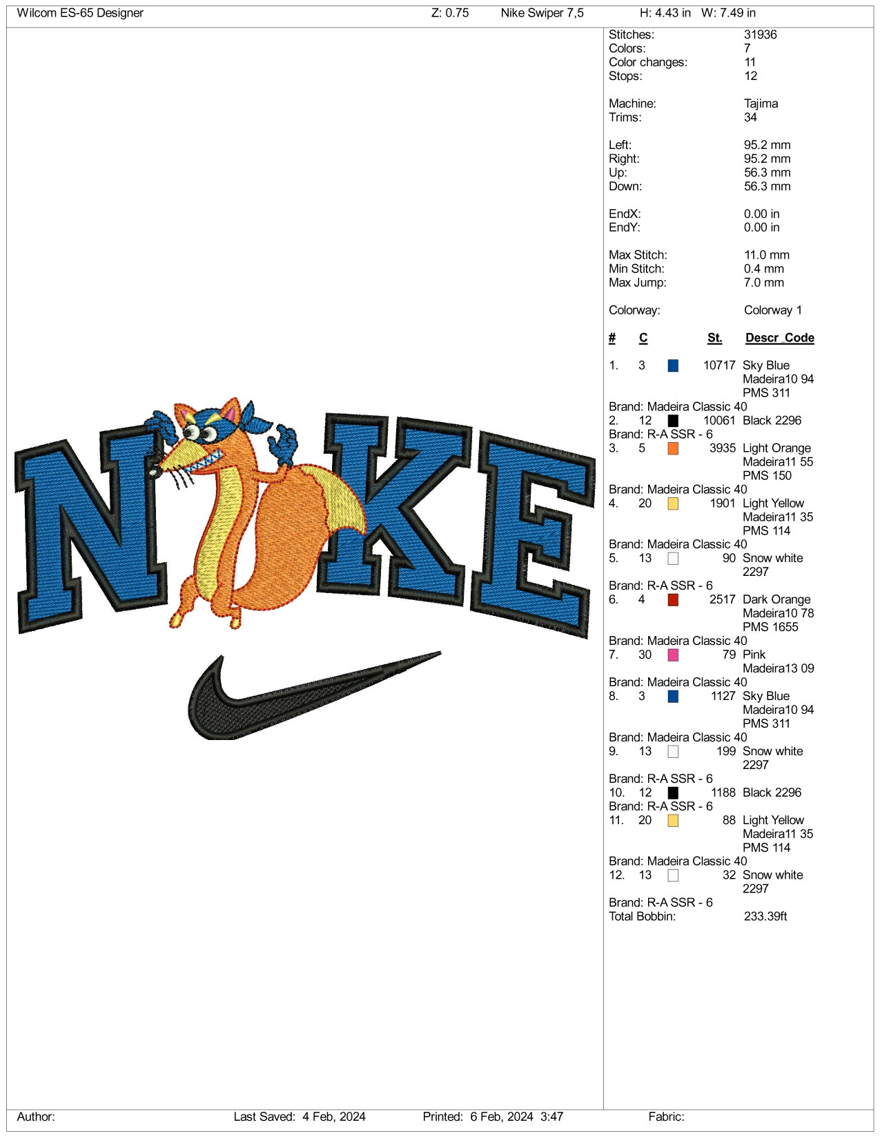 Nike Swiper The Fox Embroidery Design Files - 3 Size's